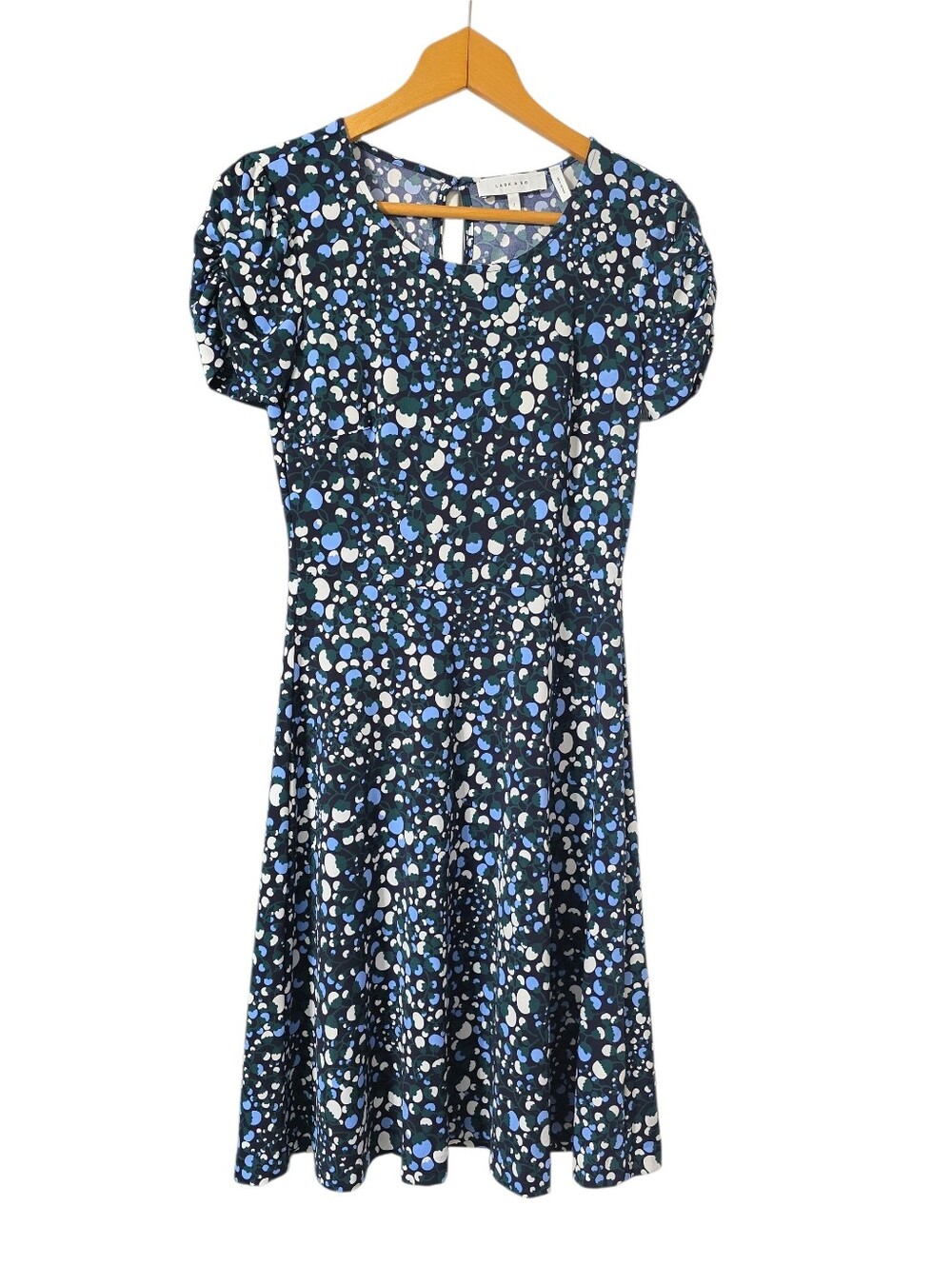 Lark & Ro Fit and Flare Dress Size 2 Navy Blue Puff Sleeve Modest Preppy Indie